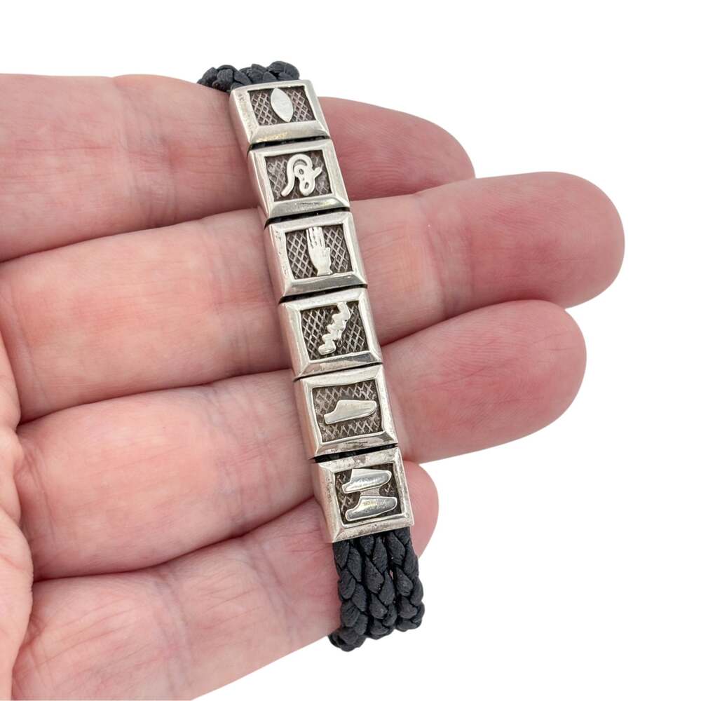 Vintage Sterling Silver Egyptian Symbol Black Braided Cord Bracelet 6.75 Inches